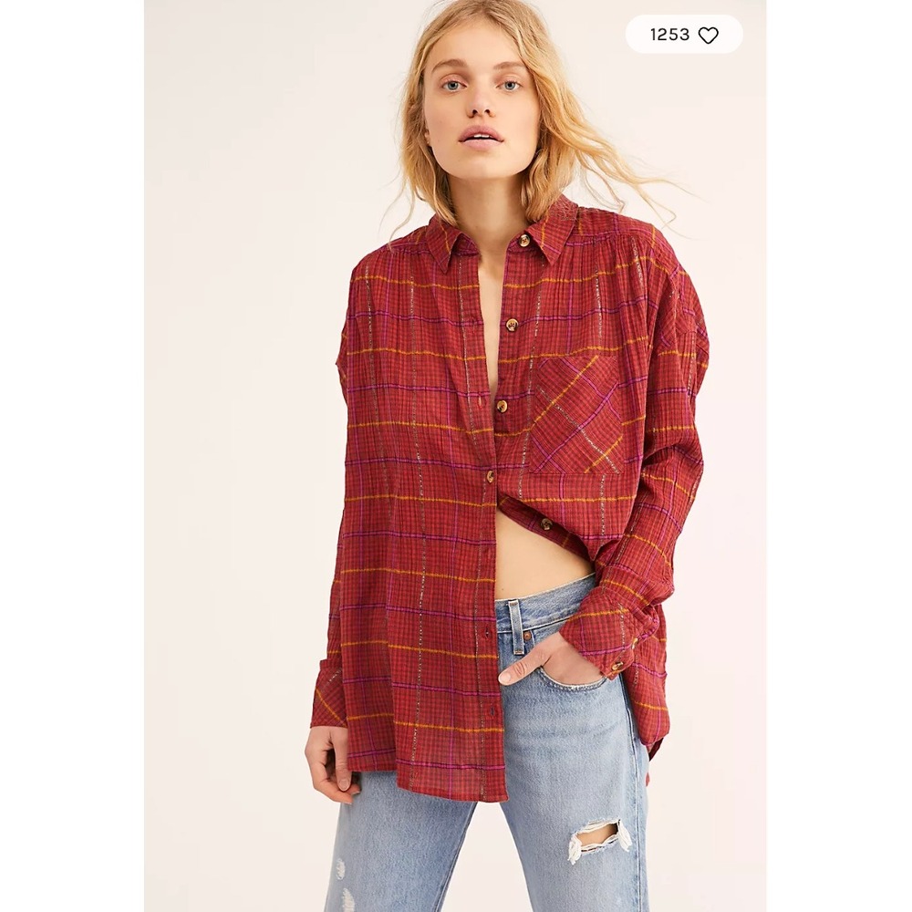 Free People Button Down Shirt Womens XS Red Excellent Plaid Metallic Oversized
